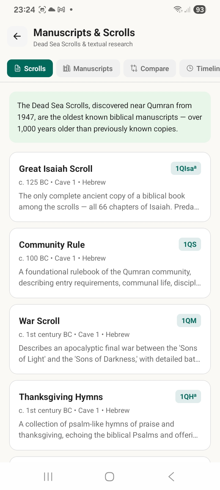 Berean App Manuscripts and Scrolls showing Dead Sea Scrolls