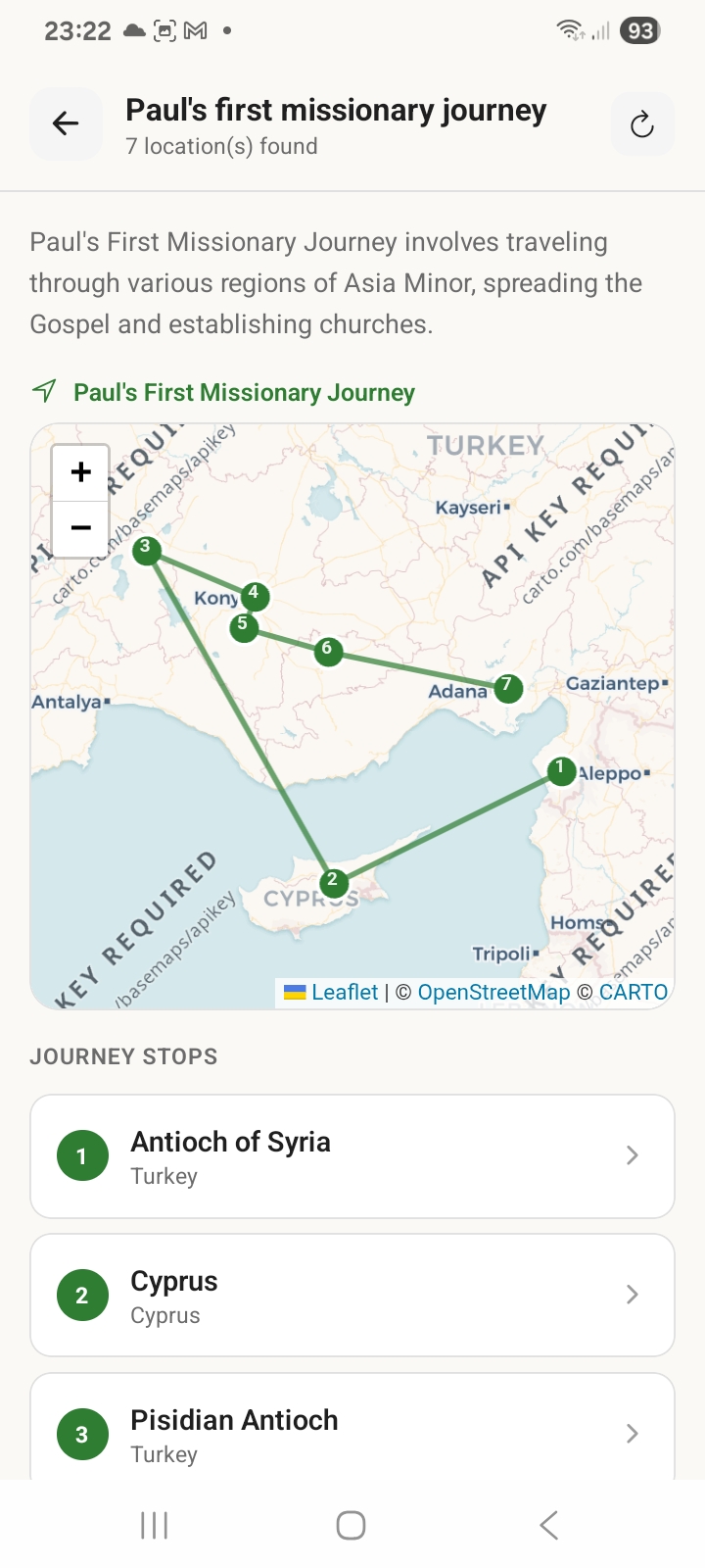 Berean App Biblical Geography showing Paul's first missionary journey