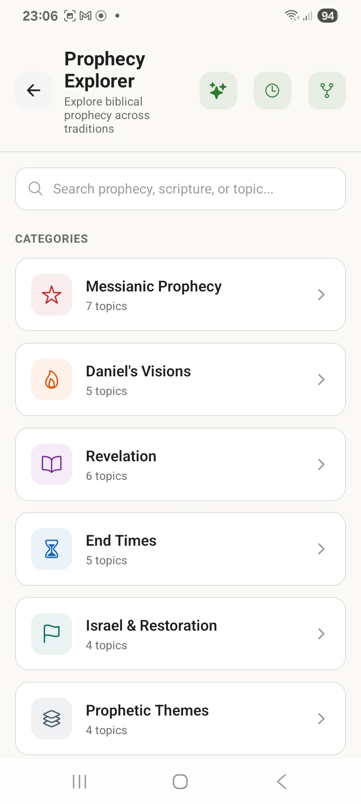 Berean App Prophecy Explorer with categories including Daniel's Visions and Revelation